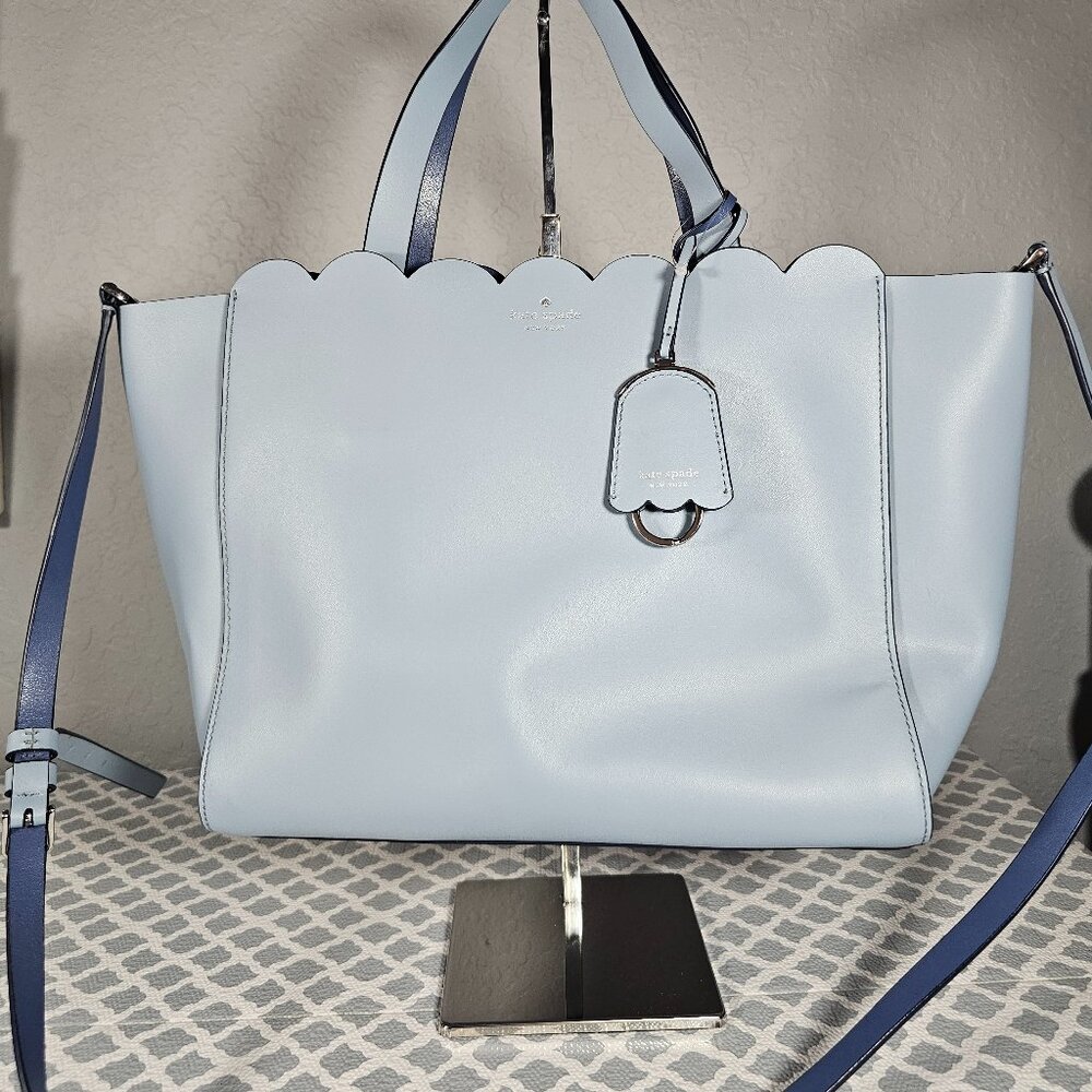Kate Spade Magnolia Street Mina Scalloped Zip Tote Blue Smooth Leather Bag Purse